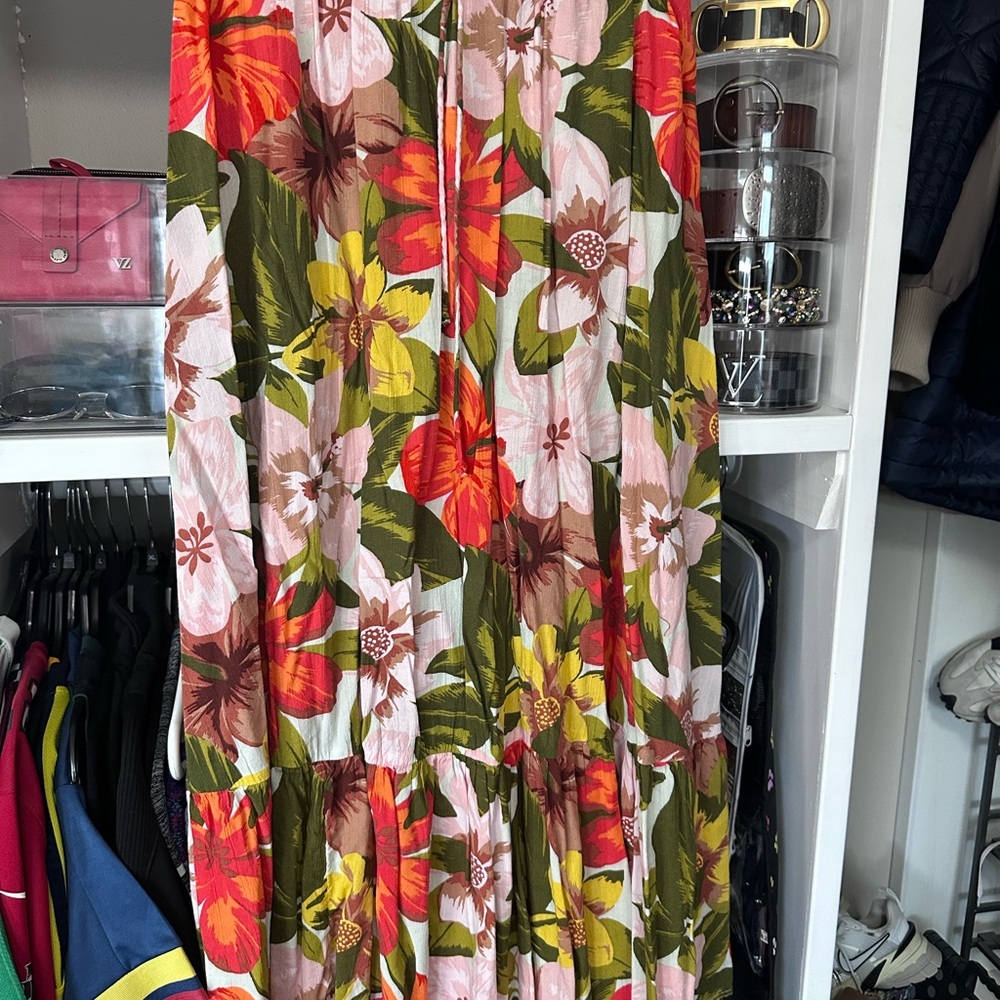 Aerie Red and Pink Pleated Maxi Skirt